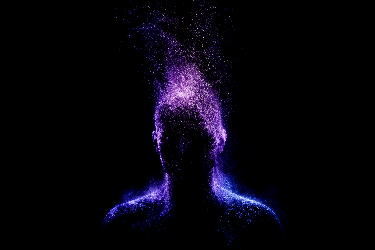 A future self assembling from violet particles in the dark.